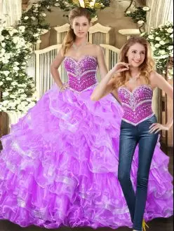Floor Length Lilac Quinceanera Gown Organza Sleeveless Beading and Ruffles