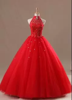 Red Sleeveless Halter Top Beading and Lace Lace Up Quinceanera Gowns