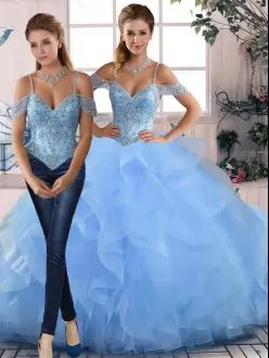 Off The Shoulder Sleeveless Quinceanera Gown Floor Length Beading and Ruffles Blue Tulle