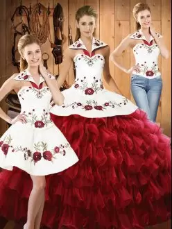 Sumptuous Wine Red Sleeveless Floor Length Embroidery and Ruffled Layers Lace Up Quinceanera Dress Halter Top