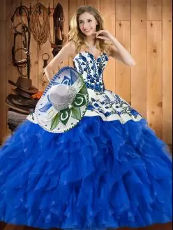 Designer Sleeveless Satin and Organza Floor Length Lace Up Ball Gown Prom Dress in Blue with Embroidery and Ruffles