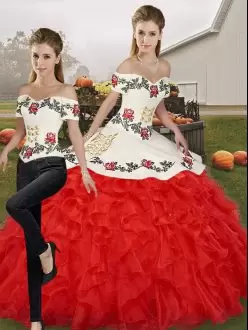 Fantastic Two Pieces Sweet 16 Quinceanera Dress White And Red Off The Shoulder Organza Sleeveless Floor Length Lace Up