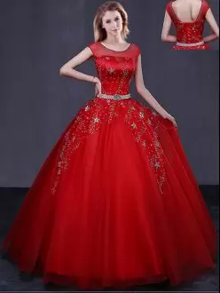 Tulle Scoop Cap Sleeves Lace Up Beading and Belt Quinceanera Dress in Red