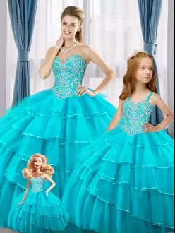 Aqua Blue Sleeveless Floor Length Beading and Ruffled Layers Lace Up Quinceanera Gowns Sweetheart