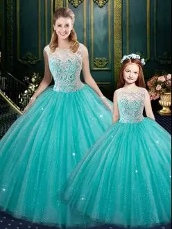 Comfortable Turquoise Sleeveless Lace Floor Length Sweet 16 Dress