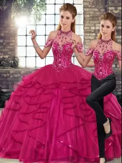 Attractive Sleeveless Floor Length Beading and Ruffles Lace Up Quinceanera Gowns with Fuchsia