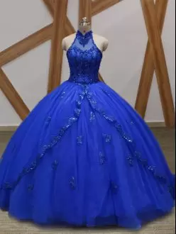 New Style Royal Blue Tulle Lace Up Halter Top Ball Gown Prom Dress Brush Train