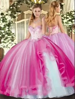 Romantic Fuchsia Ball Gowns Sweetheart Sleeveless Tulle Floor Length Lace Up Beading and Ruffles Sweet 16 Dress