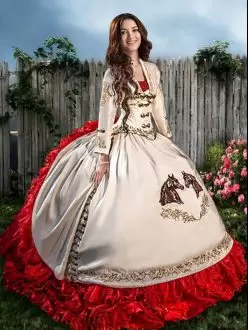 Western White Satin Quinceanera Dresses With Horses Embroidery and Ruffles Brush Train Lace Up