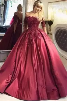 Beautiful Strapless Long Sleeves Sweep Train Lace Up Sweet 16 Dresses Burgundy Satin Beading and Appliques
