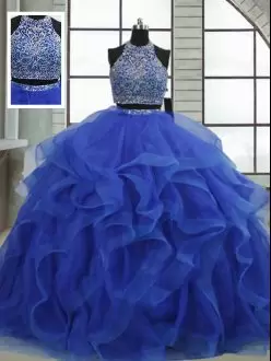 Affordable Royal Blue Sleeveless Beading and Ruffles Floor Length 15 Quinceanera Dress