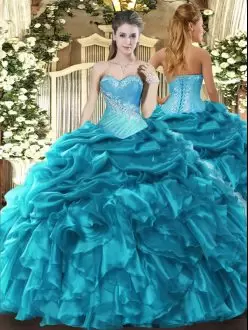 Unique Organza Sleeveless Floor Length Sweet 16 Dresses and Beading and Ruffles and Pick Ups