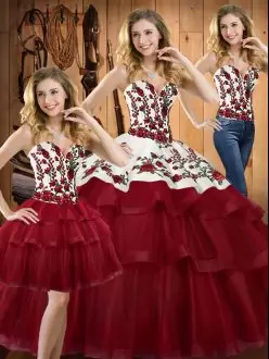 Wine Red Ball Gowns Sweetheart Sleeveless Organza Sweep Train Lace Up Embroidery Quinceanera Dresses