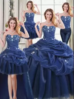 Charming Sweetheart Sleeveless Quince Ball Gowns Floor Length Appliques Navy Blue Organza