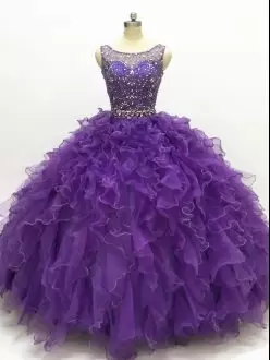 Modest Organza Scoop Sleeveless Lace Up Beading and Ruffles Quinceanera Dress in Purple
