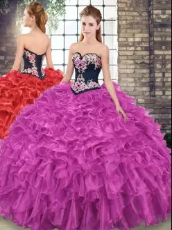 Stylish Fuchsia 15 Quinceanera Dress Military Ball and Sweet 16 and Quinceanera with Embroidery and Ruffles Sweetheart Sleeveless Sweep Train Lace Up
