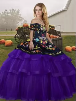 Black And Purple Ball Gowns Embroidery and Ruffled Layers Sweet 16 Dress Lace Up Tulle Sleeveless