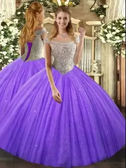 Fantastic Lavender Ball Gowns Off The Shoulder Sleeveless Tulle Floor Length Lace Up Beading Quince Ball Gowns