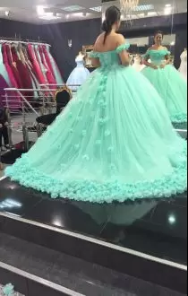 Chic Aqua Blue Sleeveless With Train Hand Made Flower Lace Up Quince Ball Gowns Off The Shoulder