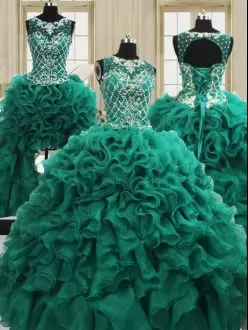 Glittering Floor Length Dark Green Ball Gown Prom Dress Organza Sleeveless Beading and Ruffles