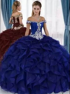 Traditional Royal Blue Quince Ball Gowns Off The Shoulder Organza Sleeveless Floor Length Lace Up