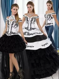 White And Black Ball Gowns Organza Off The Shoulder Sleeveless Embroidery and Ruffled Layers Floor Length Lace Up Ball Gown Prom Dress