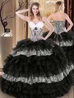 Sleeveless Floor Length Ruffled Layers and Pattern Lace Up Sweet 16 Dresses with Black
