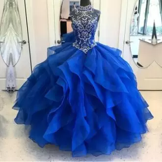 Sleeveless High-neck Lace Up Floor Length Beading and Appliques and Ruffles Quinceanera Dress High-neck