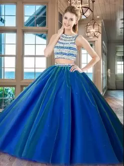 Unique Beading 15 Quinceanera Dress Royal Blue Backless Sleeveless Floor Length
