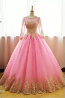 Eye-catching Floor Length A-line 3 4 Length Sleeve Pink Quinceanera Dress Lace Up