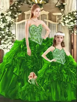 Fashionable Sleeveless Floor Length Beading and Ruffles Lace Up Quinceanera Dresses with Green