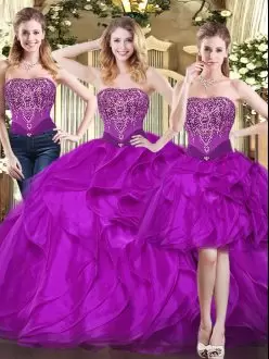 On Sale Fuchsia Tulle Lace Up Strapless Sleeveless Floor Length Quince Ball Gowns Beading and Ruffles