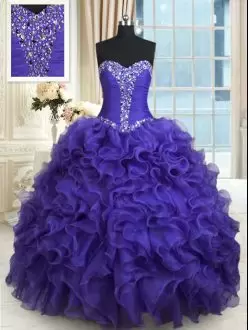 Classical Purple Ball Gowns Sweetheart Sleeveless Organza Floor Length Lace Up Beading and Ruffles Quinceanera Dress