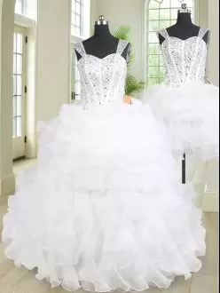 White Ball Gowns Organza Straps Sleeveless Beading and Ruffles Floor Length Lace Up Sweet 16 Quinceanera Dress