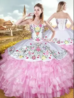 On Sale Rose Pink Organza and Taffeta Lace Up Quince Ball Gowns Sleeveless Floor Length Embroidery and Ruffled Layers