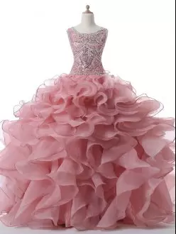 Ideal Floor Length Ball Gowns Sleeveless Pink Quince Ball Gowns Zipper