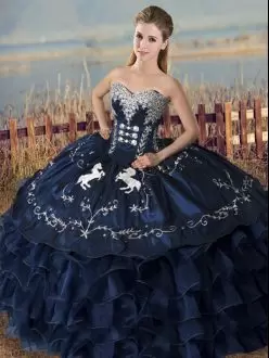 Charro Navy Blue Satin and Organza Quinceanera Gown with Embroidered Horses and Ruffles