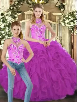 Sumptuous Fuchsia Quince Ball Gowns Military Ball and Sweet 16 and Quinceanera with Embroidery and Ruffles Halter Top Sleeveless Lace Up