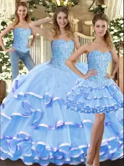 Glittering Baby Blue Sweet 16 Quinceanera Dress Military Ball and Sweet 16 and Quinceanera with Beading and Ruffled Layers Sweetheart Sleeveless Lace Up