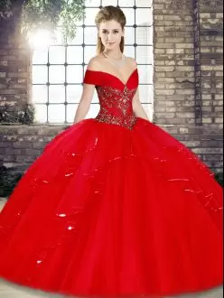 Fancy Off The Shoulder Sleeveless Tulle Vestidos de Quinceanera Beading and Ruffles Lace Up
