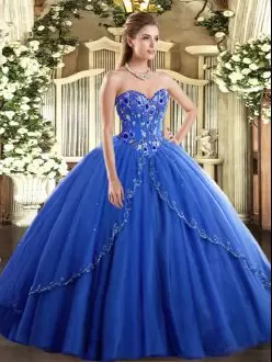 New Style Blue Sleeveless Tulle Brush Train Lace Up Vestidos de Quinceanera for Military Ball and Sweet 16 and Quinceanera
