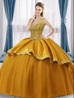 Sumptuous Gold Satin and Tulle Lace Up V-neck Sleeveless 15 Quinceanera Dress Sweep Train Beading and Embroidery