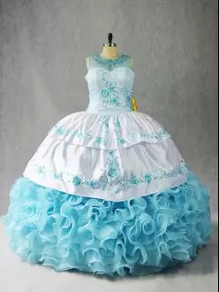 Custom Made Plus Size Western White and Baby Blue Rolling Flowers Vestidos de Quinceanera Illusion Neckline Embroidery and Ruffles