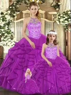 Purple Ball Gowns Halter Top Sleeveless Tulle Floor Length Lace Up Beading and Ruffles 15 Quinceanera Dress