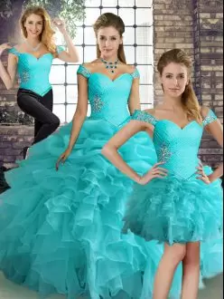 Aqua Blue Organza Lace Up Ball Gown Prom Dress Sleeveless Floor Length Beading and Ruffles and Pick Ups