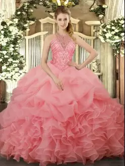 Modern Watermelon Red Lace Up Halter Top Beading and Ruffles and Pick Ups Quinceanera Dresses Organza Sleeveless