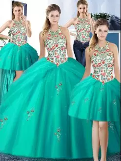 Floor Length Lace Up 15th Birthday Dress Turquoise for Military Ball and Sweet 16 and Quinceanera with Embroidery and Pick Ups