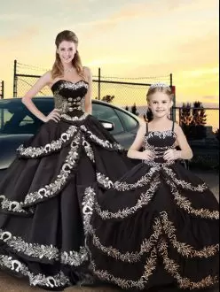 New Style Black Ball Gowns Sweetheart Sleeveless Taffeta Floor Length Lace Up Embroidery and Ruffled Layers Vestidos de Quinceanera