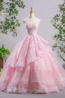 New Arrival Pink Ball Gowns Tulle Sweetheart Sleeveless Embroidery and Ruffled Layers Floor Length Lace Up Sweet 16 Dresses