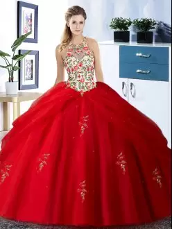 Sleeveless Floor Length Embroidery and Pick Ups Lace Up Sweet 16 Dresses with Red